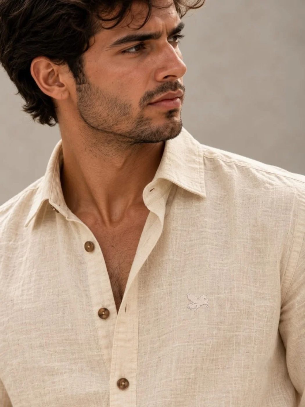 Bemount Natural Ecru French Linen Shirt in Natural Ecru, close-up of collar
