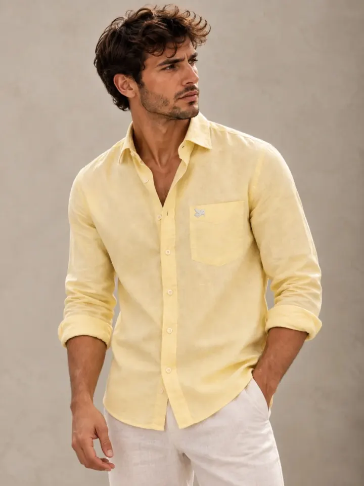 Bemount Bemount Pale Lemon French Linen Shirt in Pale Lemon, three-quarter view
