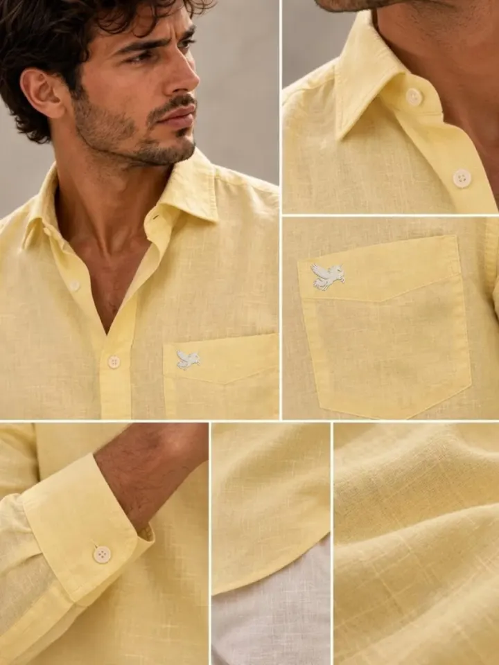Bemount Bemount Pale Lemon French Linen Shirt in Pale Lemon, collar, pocket, cuff and fabric details