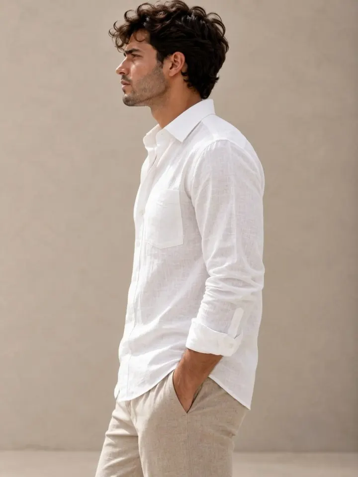 Bemount Bemount Premium White French Linen Shirt in White, side view