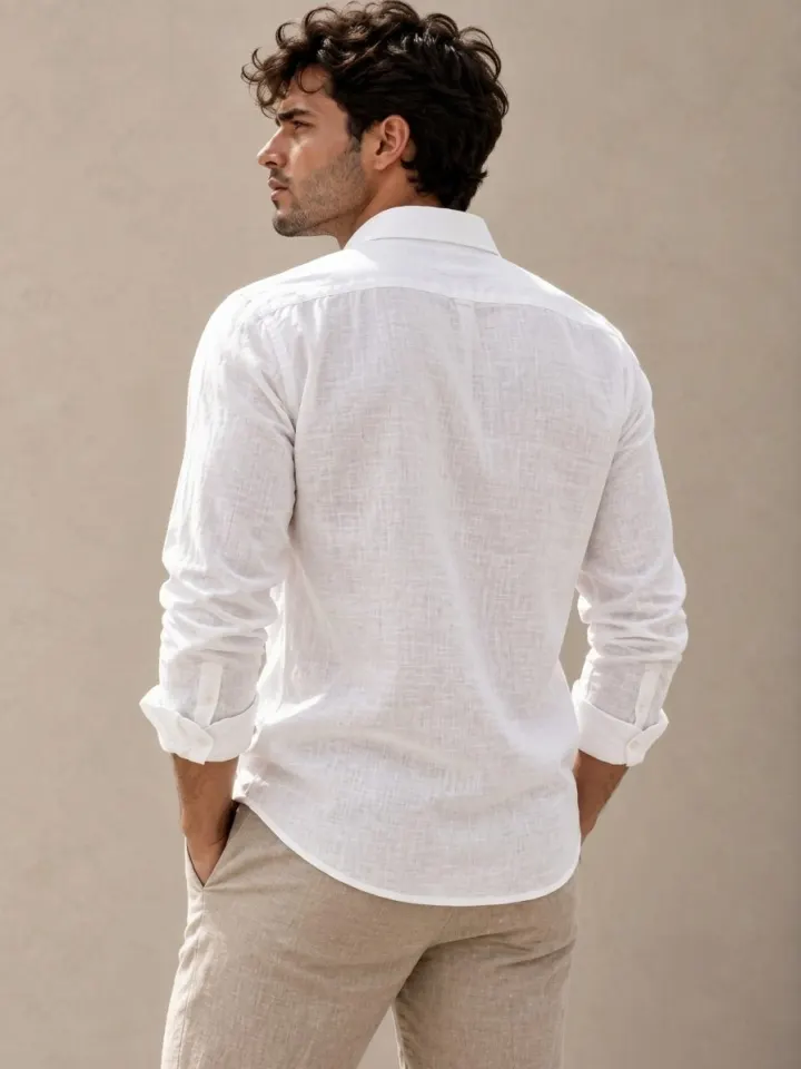 Bemount Bemount Premium White French Linen Shirt in White, back view