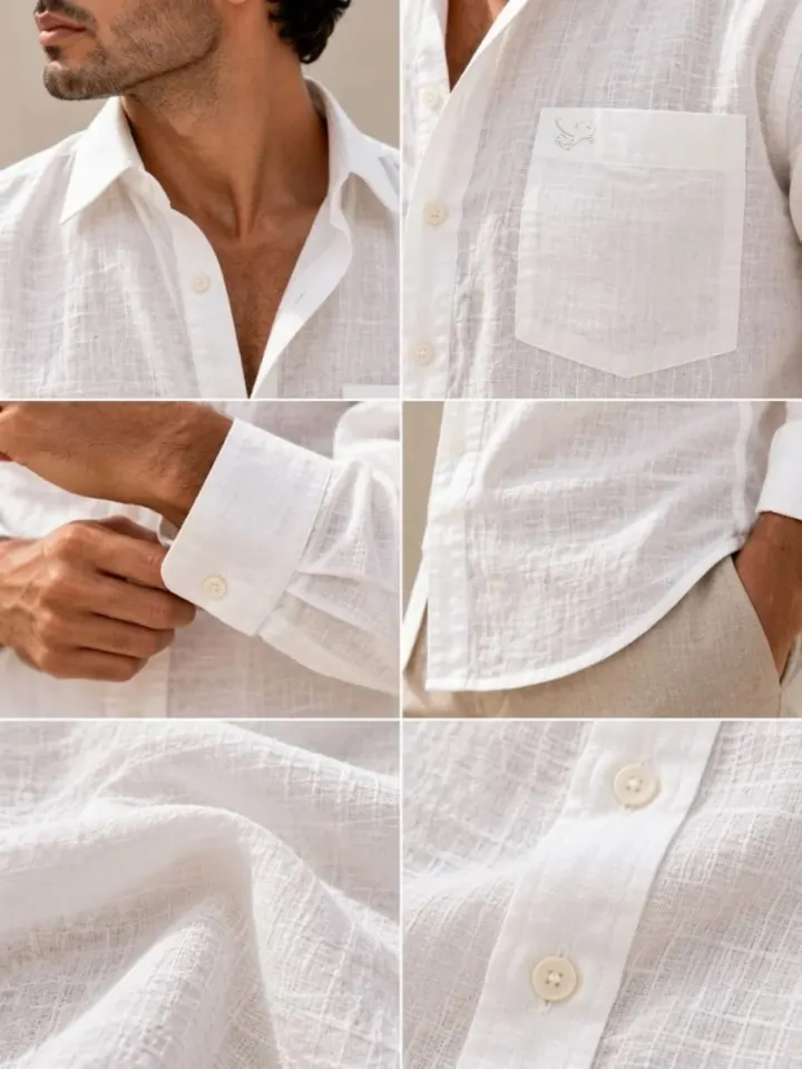 Bemount Bemount Premium White French Linen Shirt in White, collar, cuff, pocket and fabric details