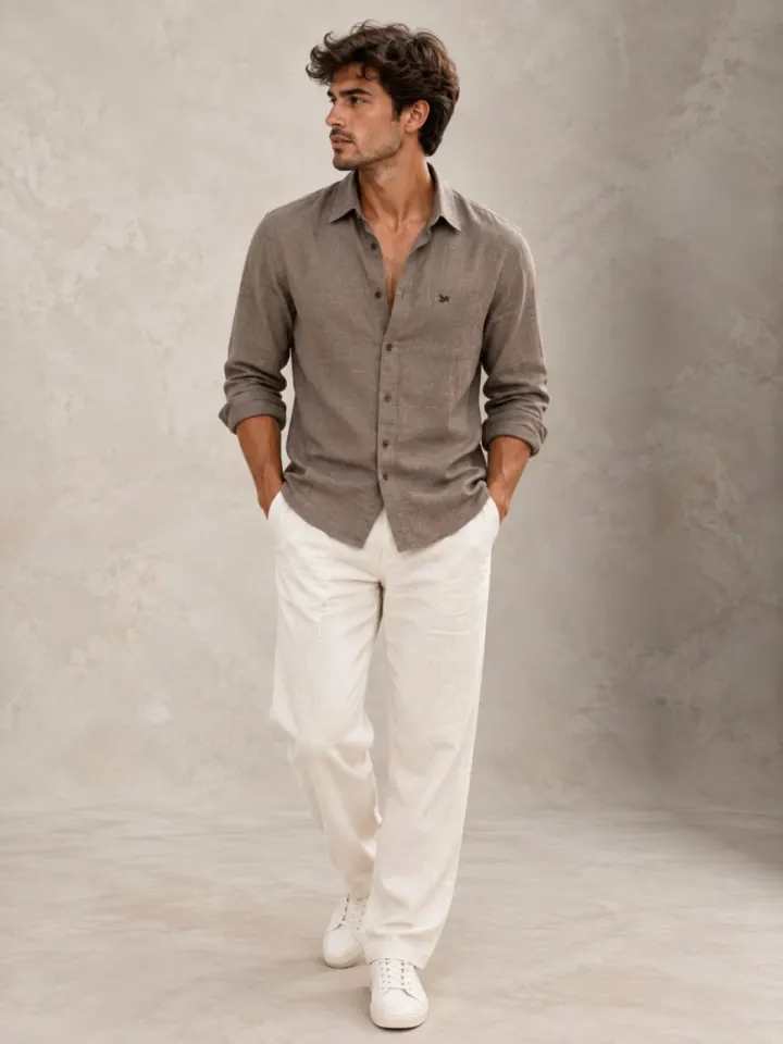 Bemount Bemount Smoked Taupe French Linen Relaxed Shirt in Smoked Taupe, walking view