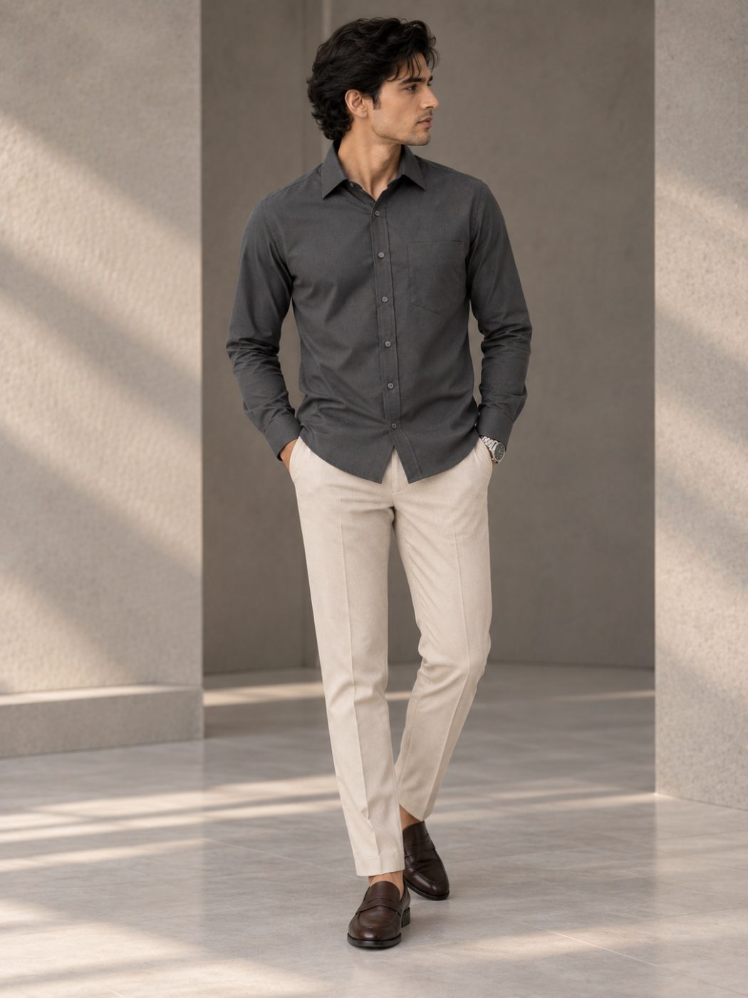 Bemount Bemount Charcoal Grey Oxford Shirt in Charcoal Grey, tuged out view