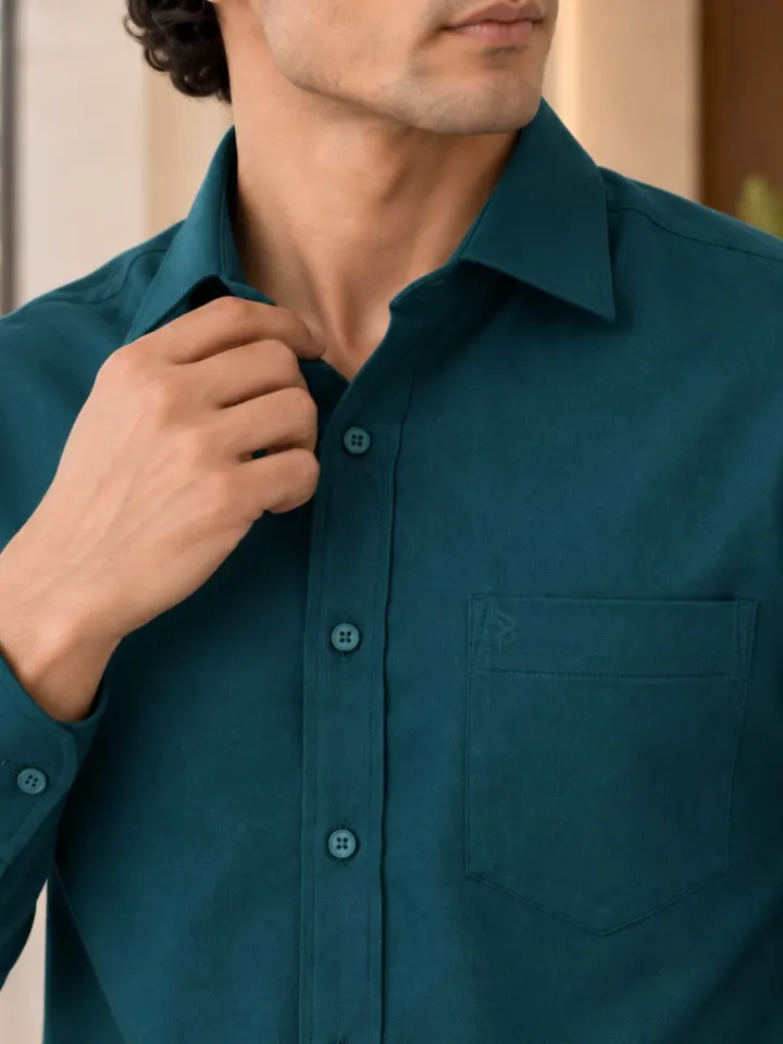 Bemount Bemount Deep Teal Oxford Shirt in Deep Teal, front closeup view
