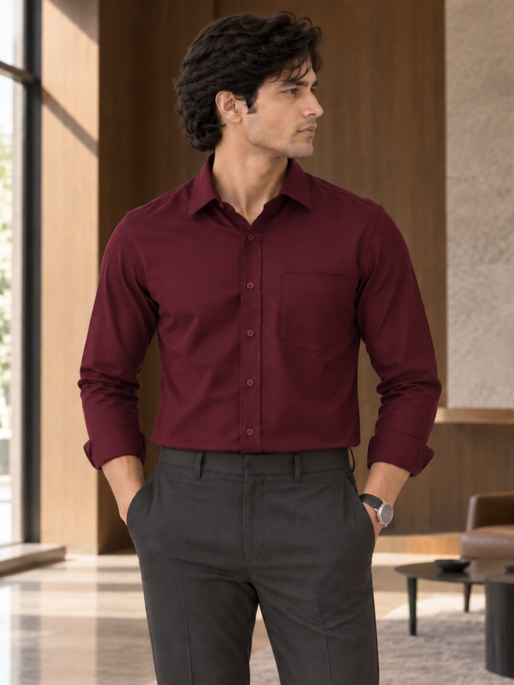 Bemount Bemount Deep Wine Oxford Shirt in Deep Wine, front view