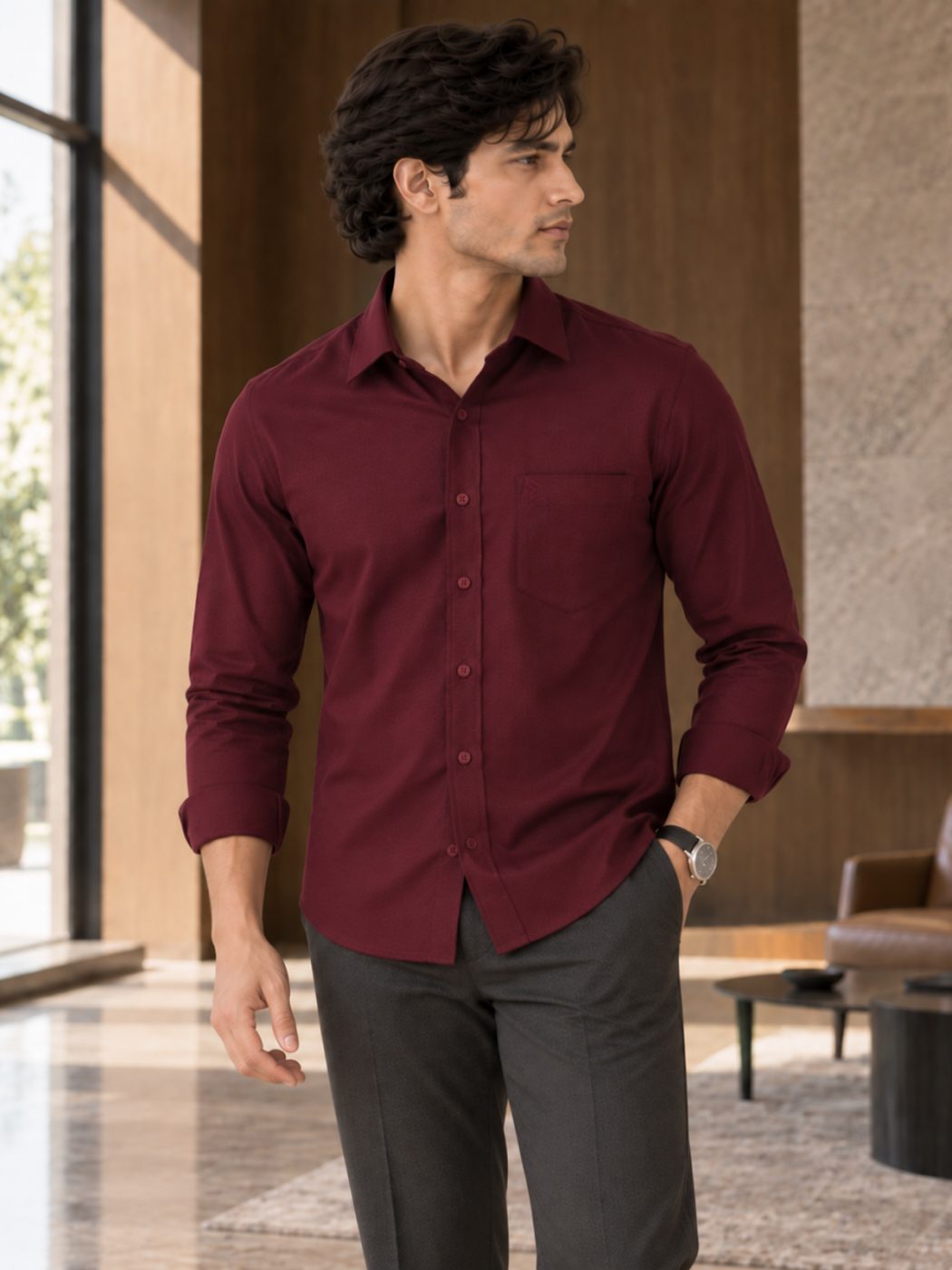 Bemount Bemount Deep Wine Oxford Shirt in Deep Wine, worn untucked