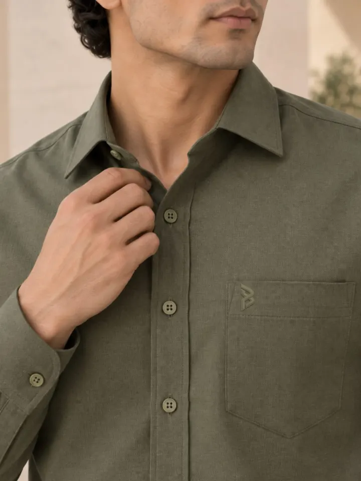 Bemount Bemount Olive Green Oxford Shirt in Olive Green, front closeup view