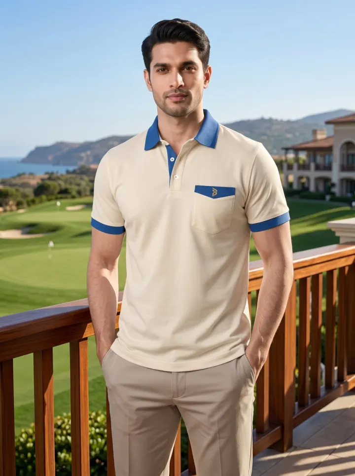 Bemount Cream & Sky-Blue Pocket Polo