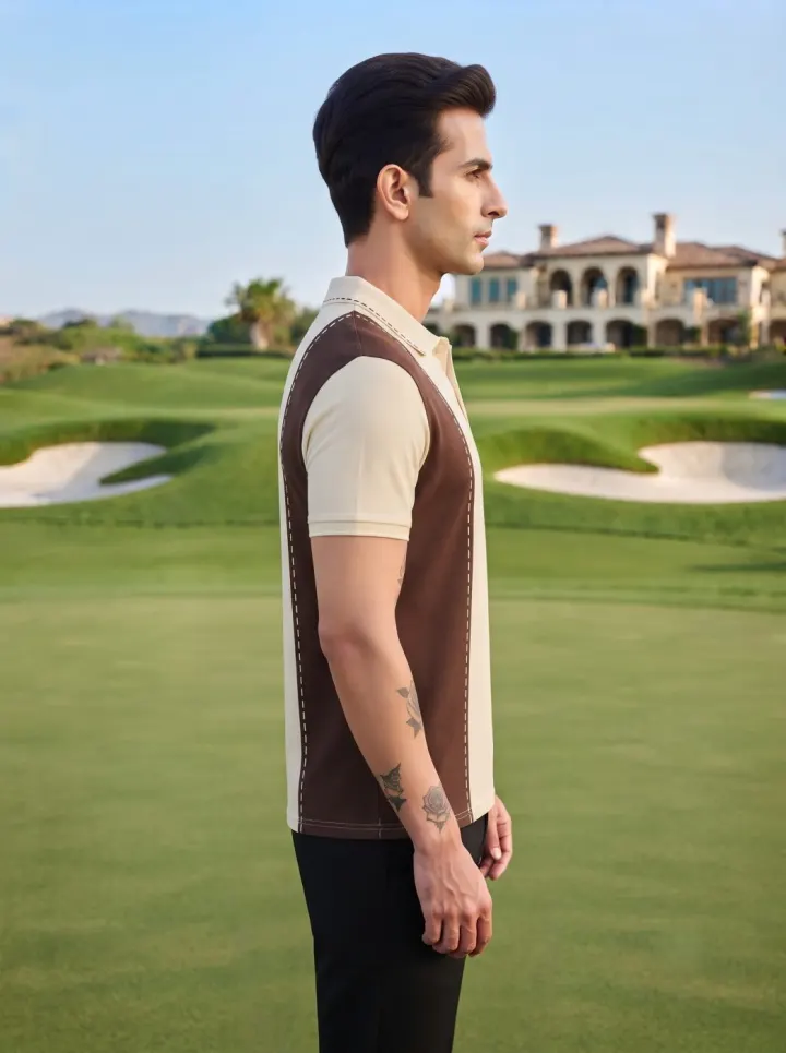Bemount Cream & Brown Diagonal Panel Polo