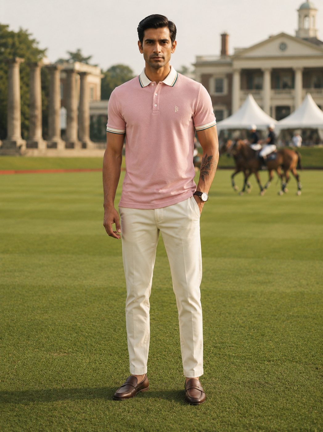 Dusty Rose Striped Collar Polo