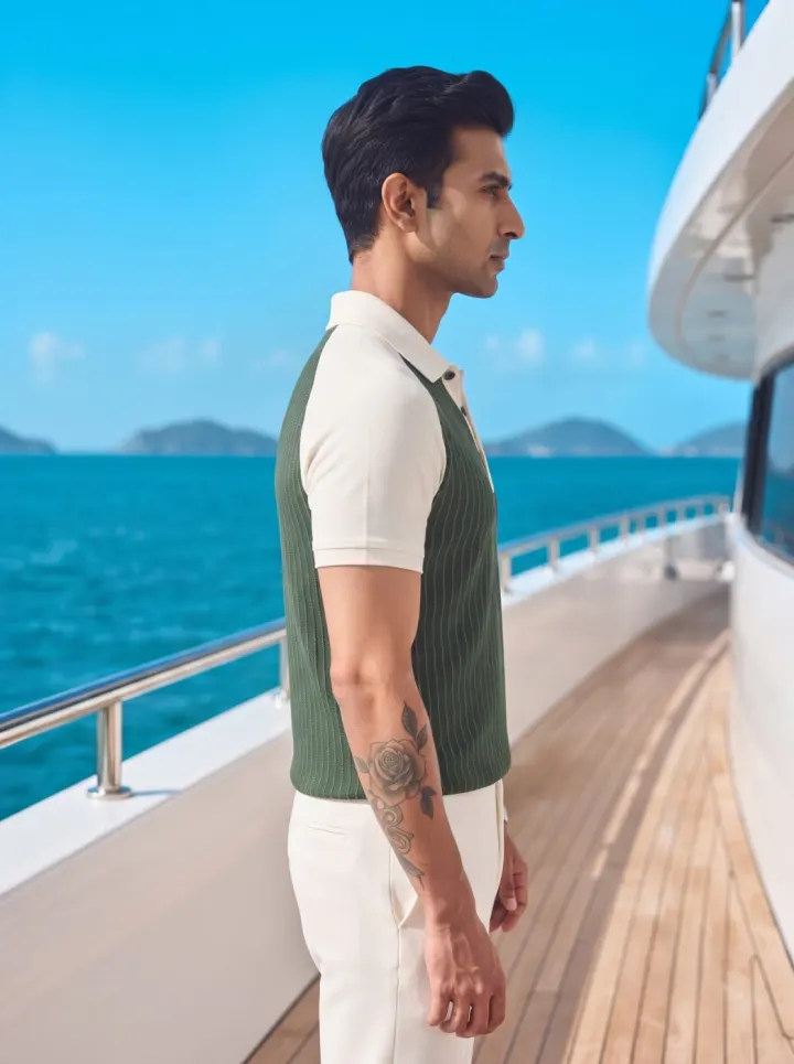 Bemount Green Raglan Pinstripe Polo