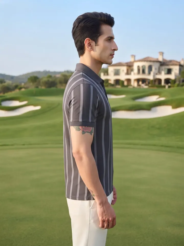 Bemount Grey Tonal Pinstripe Polo