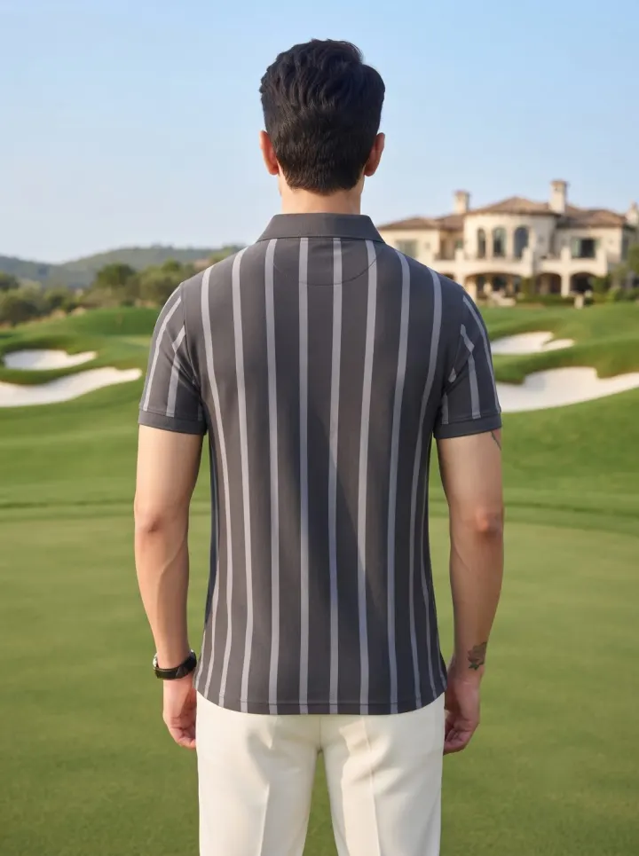 Bemount Grey Tonal Pinstripe Polo