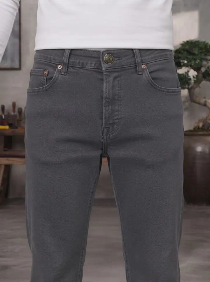 Bemount Bemount Washed Charcoal Grey Regular Jeans in Washed Charcoal Grey, waist closeup view